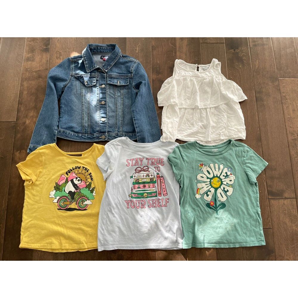 Lot Of 5 Girls Graphic T-shirts Denim Jacket Size L Colorful Old Navy, TCP - Picture 1 of 12